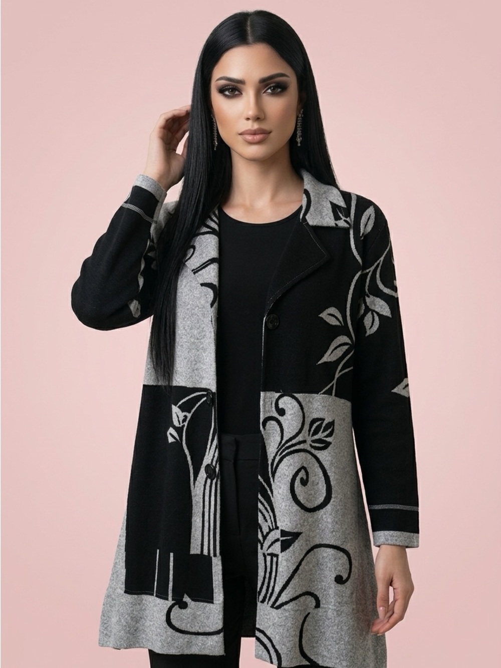 Orange fashion Village Black and Gray Patterned Coat Sweater Cardigan size XL